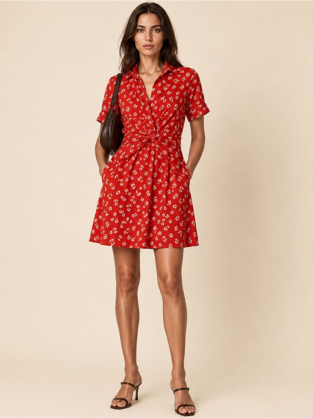 NWOT GANNI Silvery Crepe Twist Mini Dress Red Floral Shirt Dress EU 34 / US 2